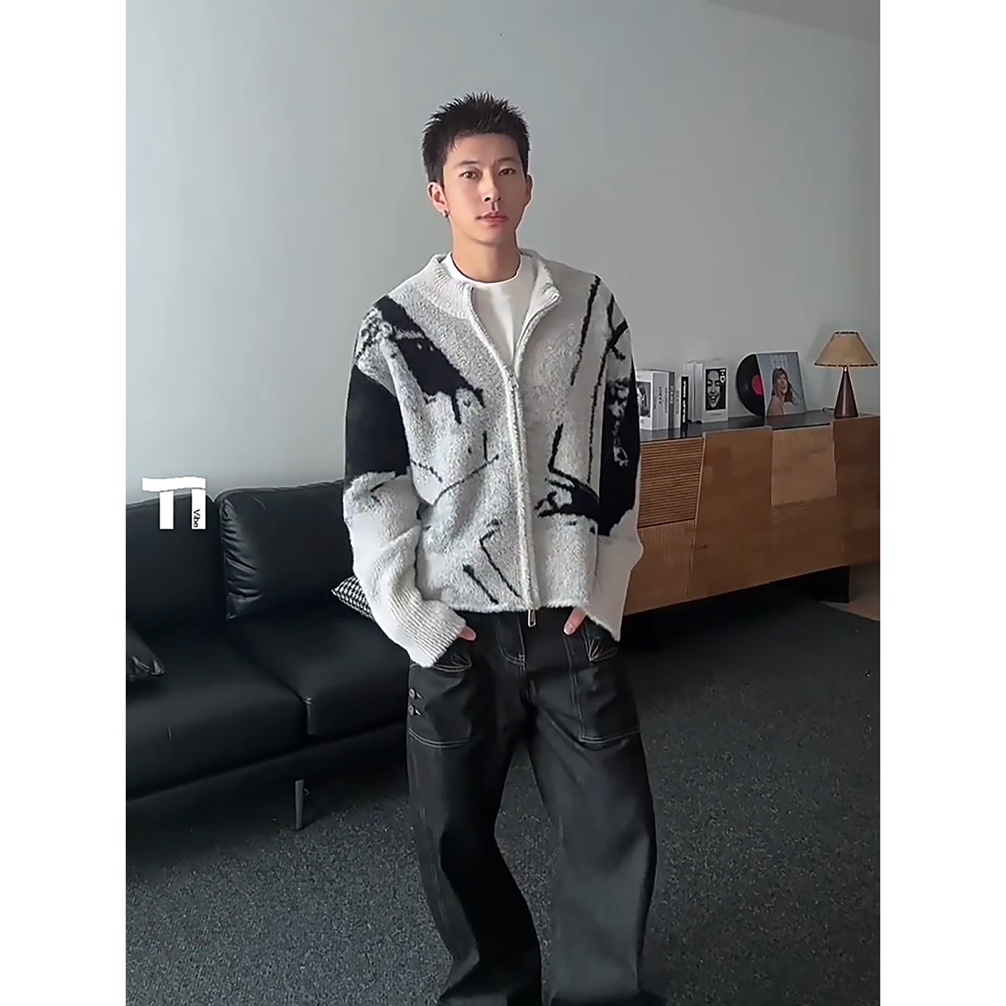 仿貂毛扎染开衫针织衫男款秋冬季