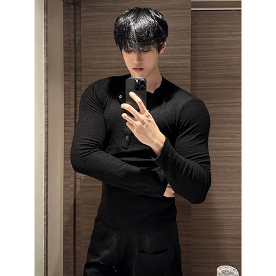 亨利领弹力修身长袖t恤男肌理感