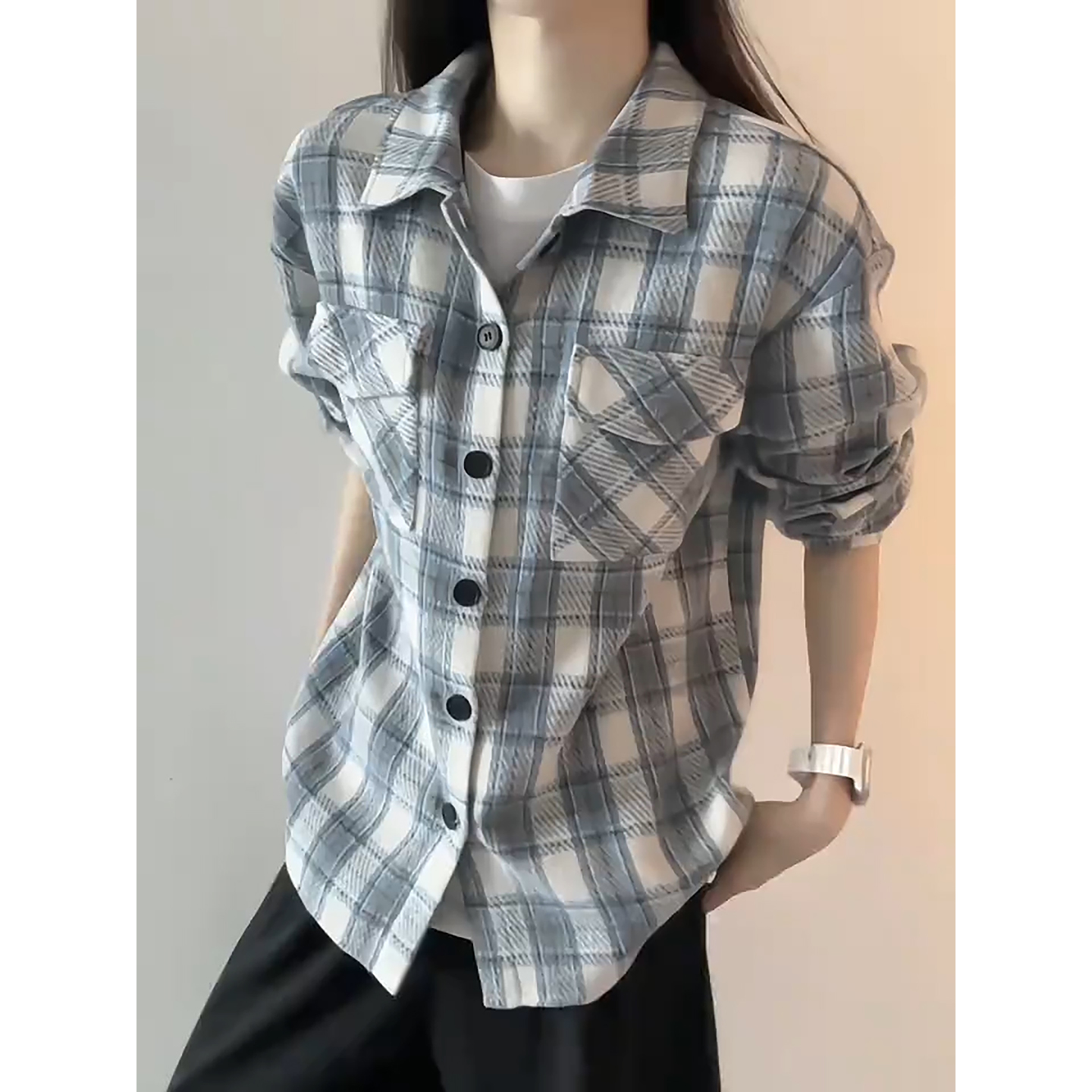 天空蓝毛呢格子衬衫男秋冬美式