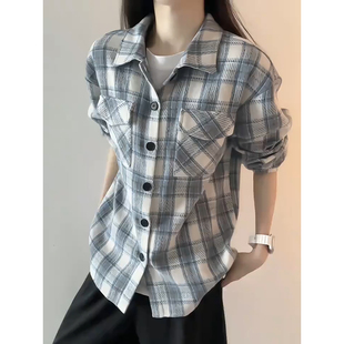 天空蓝毛呢格子衬衫男秋冬美式vnitage外套加厚重磅叠穿呢子衬衣