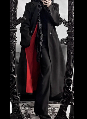 黑色红底男长款风衣韩版英伦风垫肩收腰大衣克苏鲁文职dk西装外套