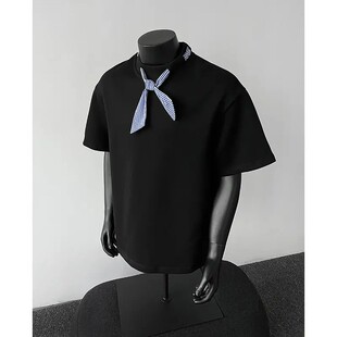 黑色小方巾蝴蝶结t恤男夏季美式cleanfit短袖航海系情侣五分半袖