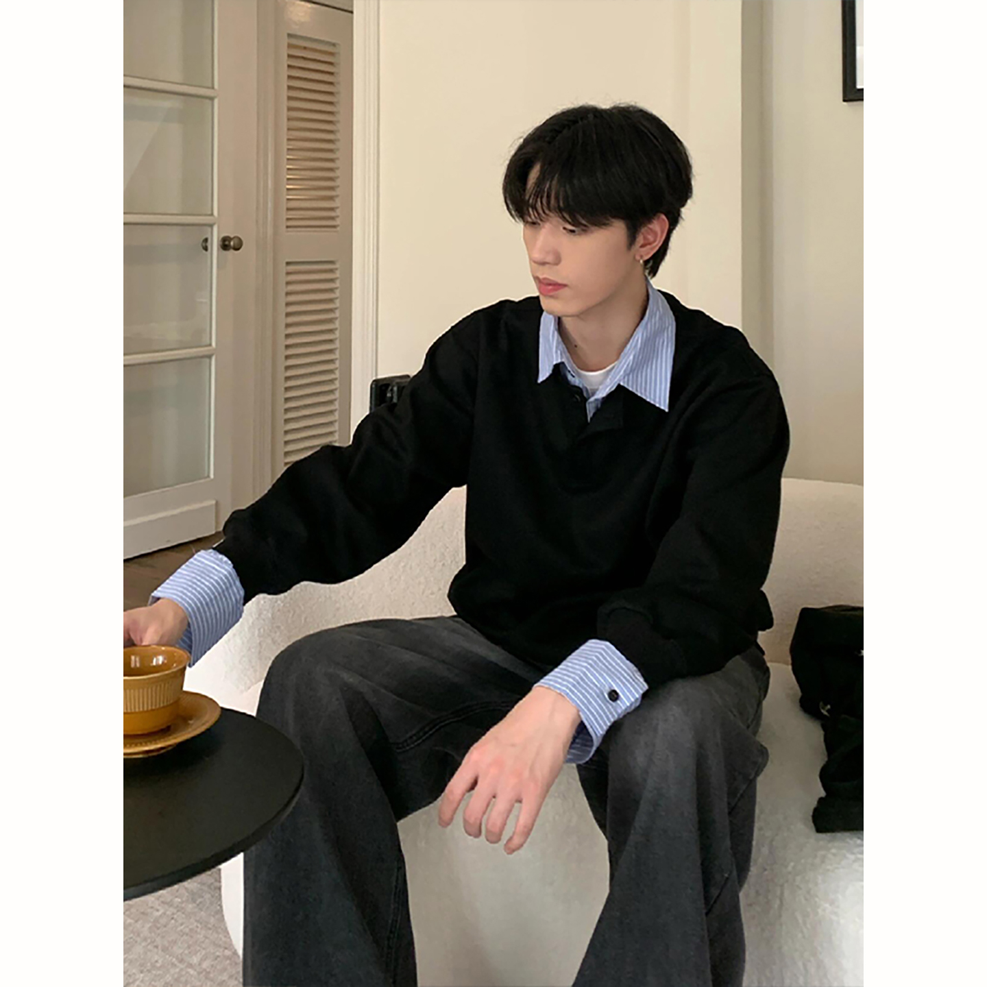 黑色假两件撞色拼接衬衫男款美式