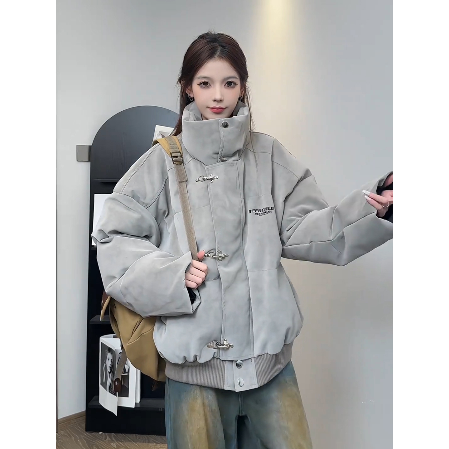 美式扎染pu皮棉服女男生入冬外套