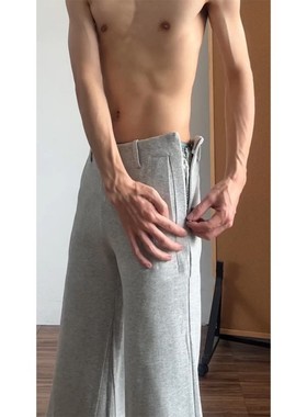 浅灰色弯刀微喇卫裤男款秋冬美式慵懒侧拉链裤子垂感加绒休闲长裤