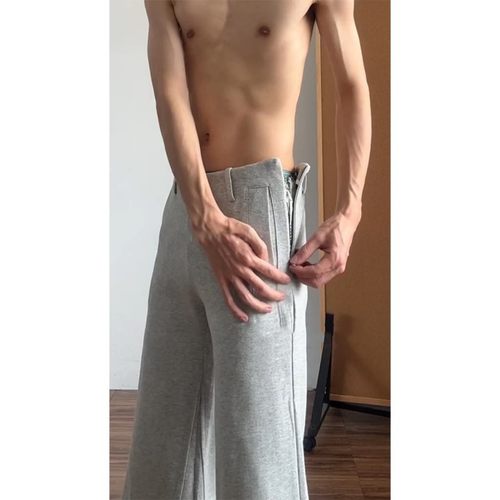 浅灰色弯刀微喇卫裤男款秋冬美式