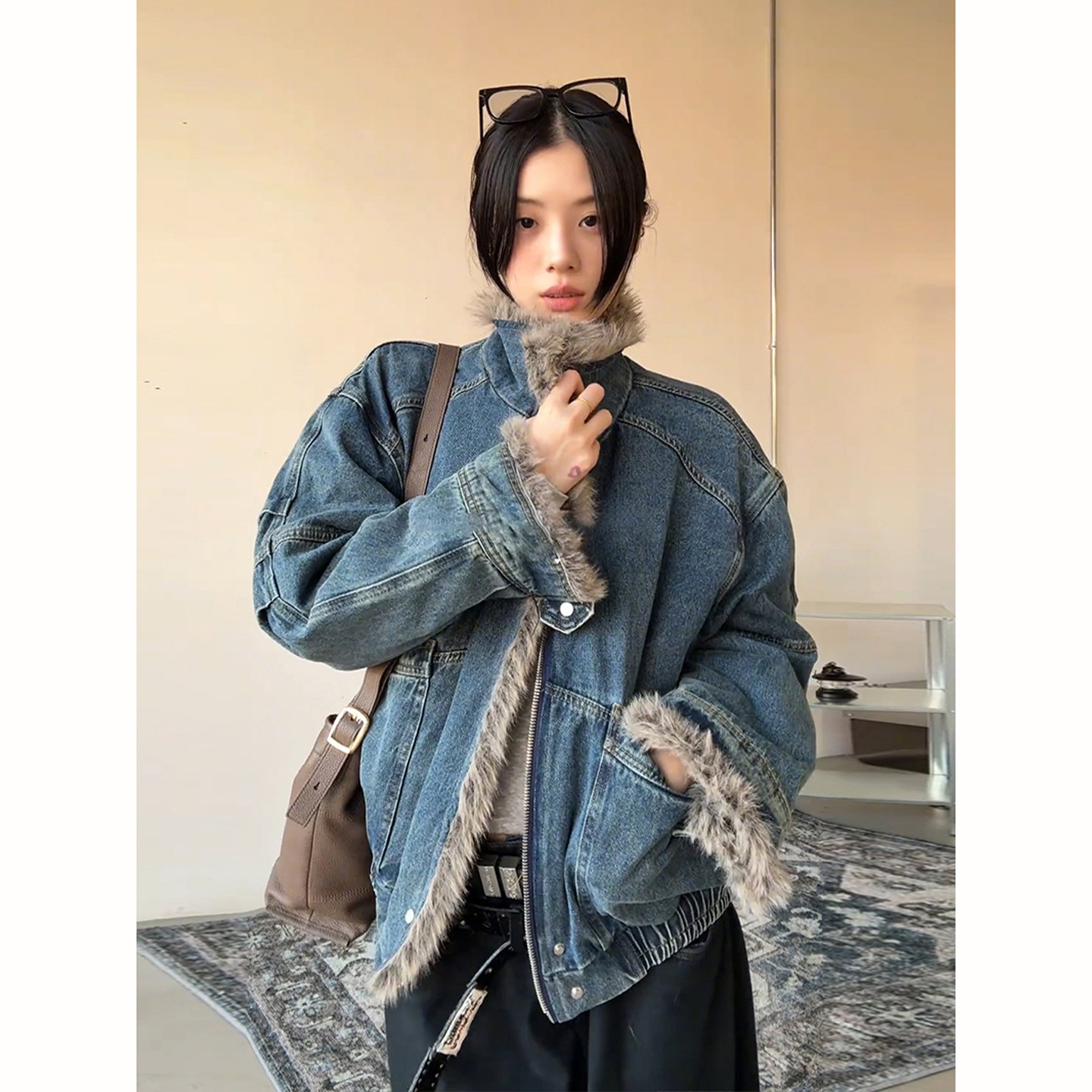 水洗解构复古牛仔座山雕棉服外套男款冬季短款加厚高级感毛领棉衣