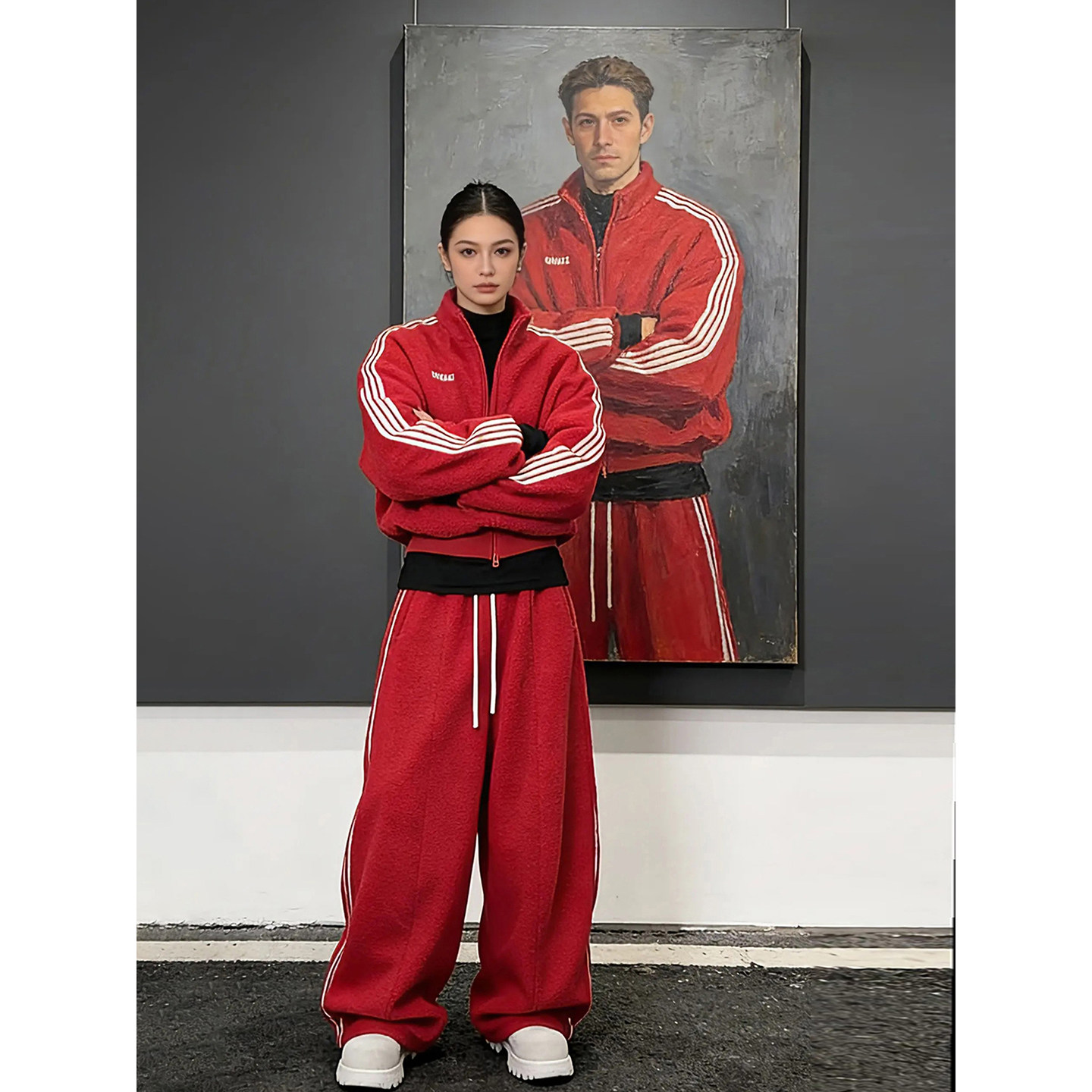 酒红色本命年条纹摇粒绒棉服外套男女冬加厚保暖棉衣美式运动套装