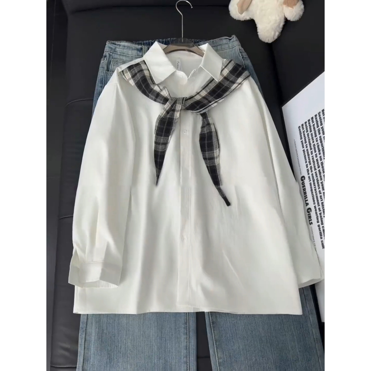 白色设计感领巾拼接衬衫男春季韩版学院风情侣装外套叠穿内搭衬衣