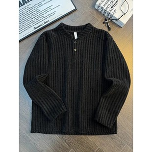 鱼骨纹黑色加绒卫衣男秋冬美式亨利领长袖t恤内搭polo衫打底上衣