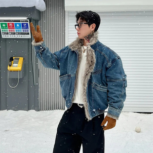 毛领外套加绒加厚防寒棉衣 短款 美式 boxy解构座山雕牛仔棉服男冬季