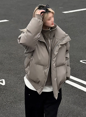 灰色假两件pu皮羽绒棉服男女冬季加厚短款晋江棉衣美式立领面包服