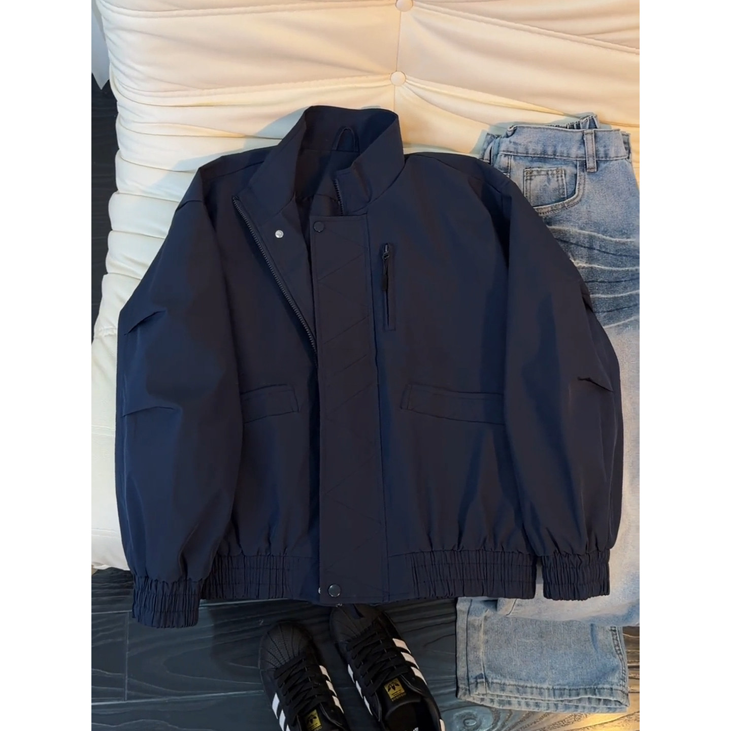 藏青色美式工装飞行夹克男春秋三防立领冲锋衣短款廓形棒球服外套