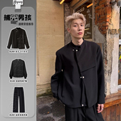 新中式 休闲西服 青少年18岁成人礼服短款 斜门襟垫肩解构西装 男套装