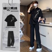 新中式国风刺绣立领盘扣短袖衬衫西装裤冰丝套装男高级感痞帅夏季