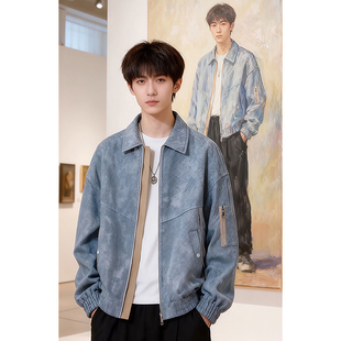 蓝色美式飞行员夹克春季男款潮流高级感衣服复古扎染痞帅牛仔外套