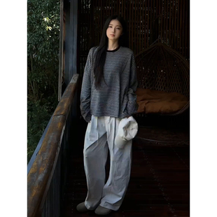 宽松休闲打底衫 chic慵懒风防晒罩衫 T恤男女秋季 黑色条纹圆领长袖