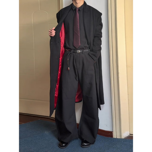 黑红撞色男士长款毛呢外套韩版