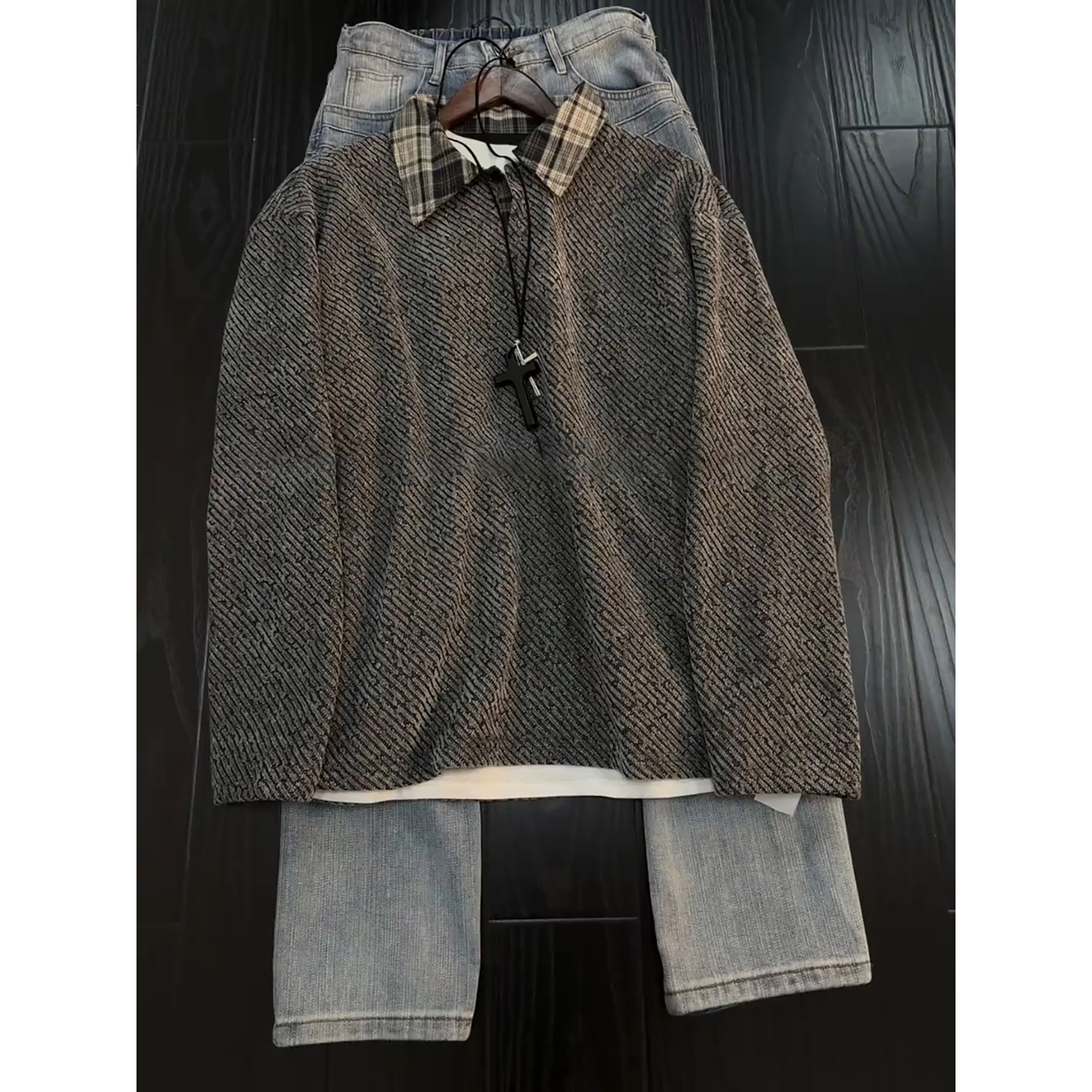 小香风格子拼接卫衣男秋冬美式