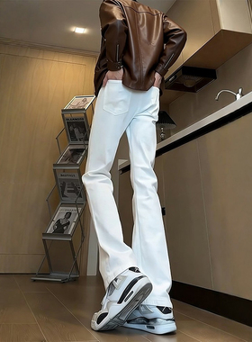 白色弯刀微喇牛仔裤男款冬季美式高街vibe加绒裤子修身显瘦直筒裤
