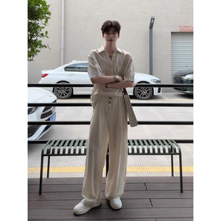 搭配棉麻阔腿裤 米杏色天丝亚麻套装 衬衫 老钱风短袖 子两件套 男夏季