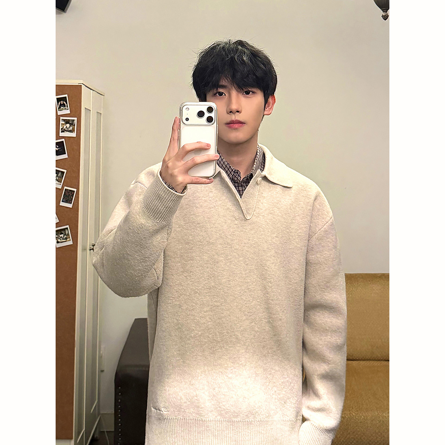 杏色北极绒翻领毛衣冬季男士上衣