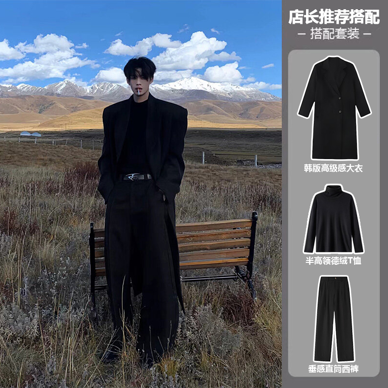 韩版廓形垫肩毛呢大衣男加厚痞帅
