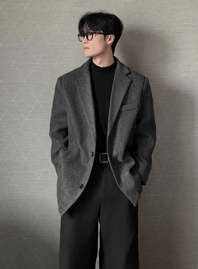 韩版垫肩男士短款呢子大衣春秋季双面呢小西装那不勒斯dk风衣外套