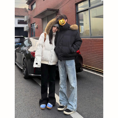 黑色短款连帽羽绒棉服男女冬加厚