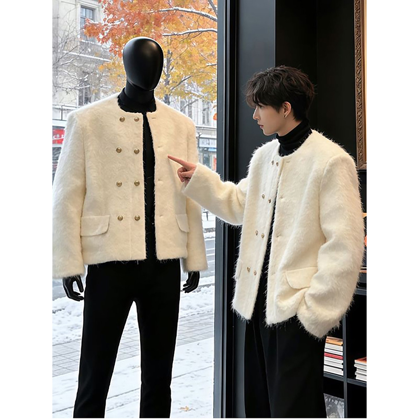 白色小香风双排扣毛毛外套男款春秋季高级感男模穿搭短款垫肩夹克,男装,夹克,淘宝优惠券,粉丝福利购,淘宝优惠卷