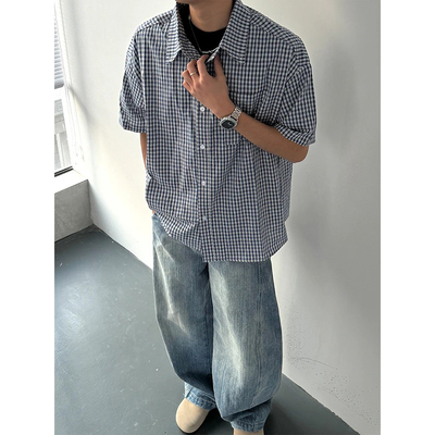 美式复古格子短袖衬衫男夏季叠穿