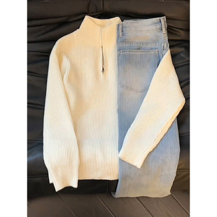 米白色半拉链高领毛衣男款 秋冬慵懒松弛感毛线衣高级感内搭打底衫