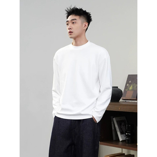 白色小领口正肩长袖t恤男冬季美式纯棉圆领卫衣cleanfit内搭上衣