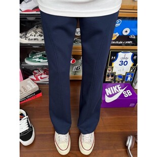 藏青色修身直筒健身裤子男秋冬美式斜切微喇卫裤显高显瘦休闲长裤