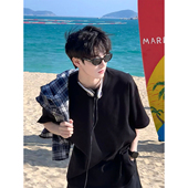 男款 夏季 重磅纯棉美式 韩系少年感穿搭黑色短袖 T恤小领口正肩半袖