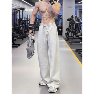 白花灰美式斜切弯刀卫裤男款春季健身运动裤子宽松直筒垂感休闲裤