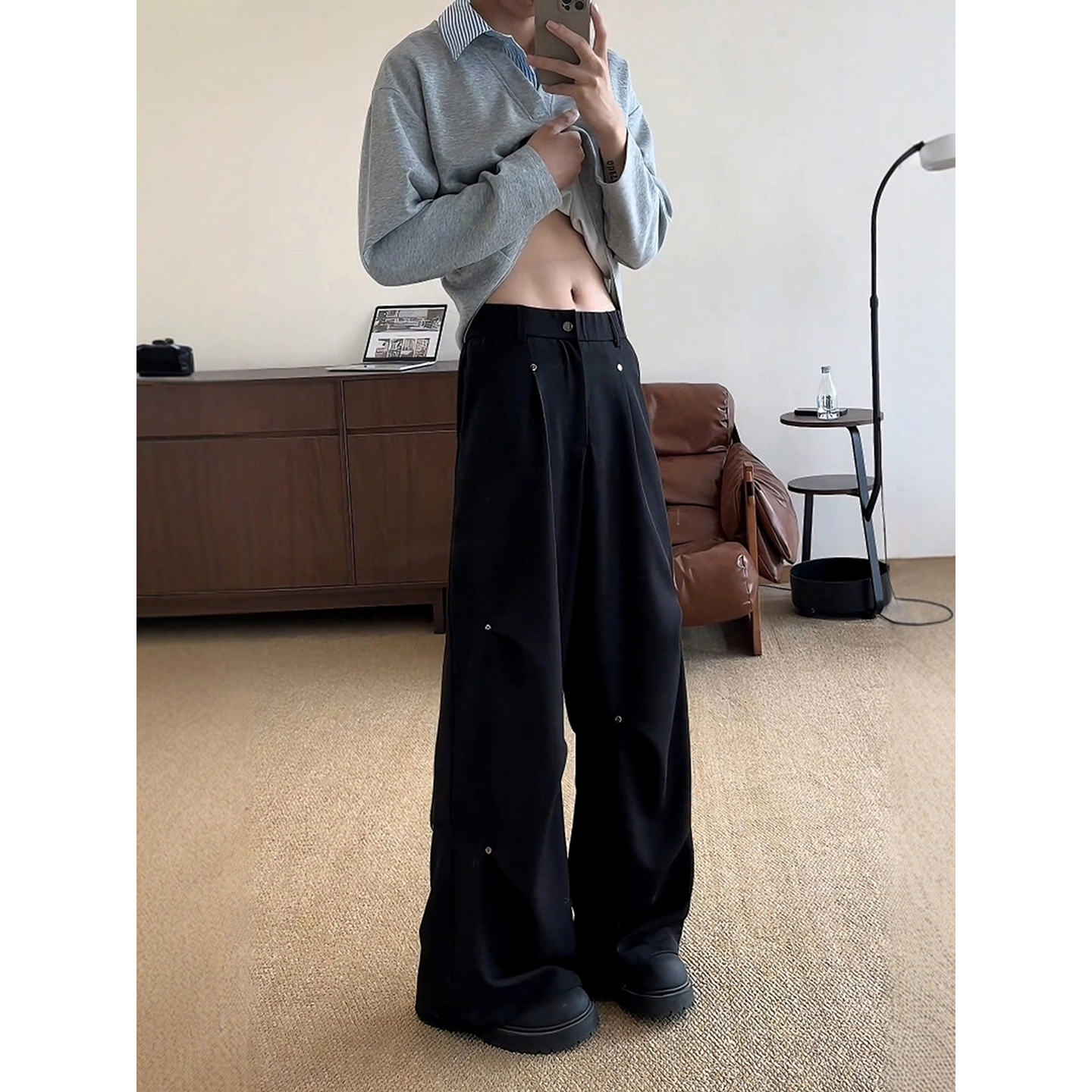 铆钉垂感西裤男款高级感痞帅褶皱