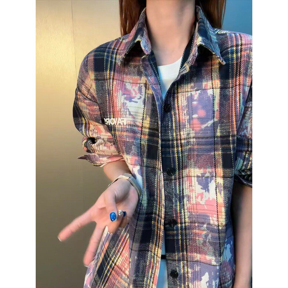 美式复古扎染格子衬衫男春季vibe刺绣工装衬衣高级感叠穿情侣外套 - 捕光男孩旗舰店出品