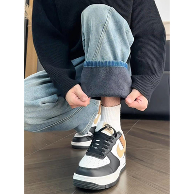 蓝色加绒弯刀牛仔裤男款秋冬季