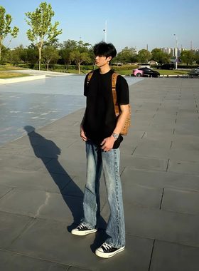 pansk闪电纹牛仔裤男款美式高街vibe裤子加长版高个子弯刀微喇裤