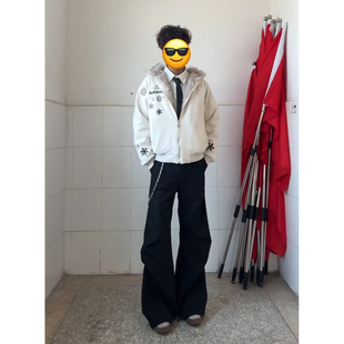 黑色褶皱cleanfit微喇西裤男款冬季加厚阔腿工装裤高级感弯刀西裤