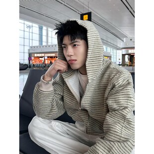 宽松慵懒chic连帽衫 卫衣男秋季 cleanfit情侣外套 复古条纹开衫 美式