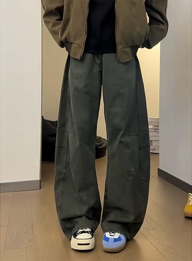军绿色阔腿牛仔裤男款秋季美式复古弯刀工装裤显高显瘦微喇直筒裤
