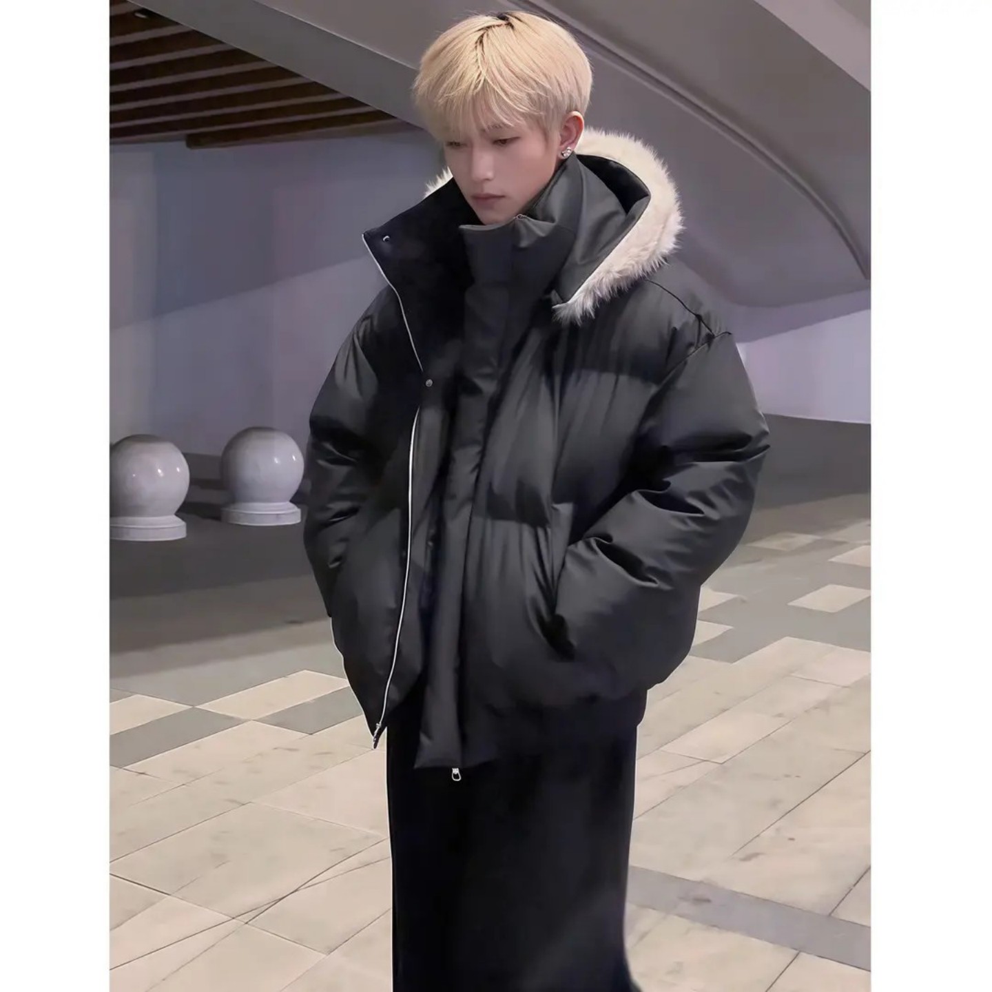 黑色连帽大毛领面包服男款冬季