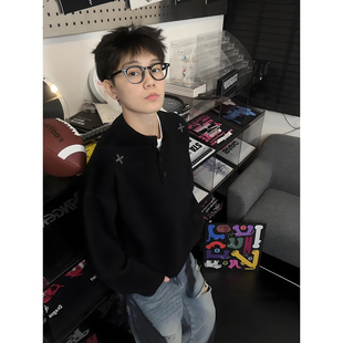 日系复古十字架刺绣毛衣男款秋冬季慵懒风针织衫宽松百搭针织外套