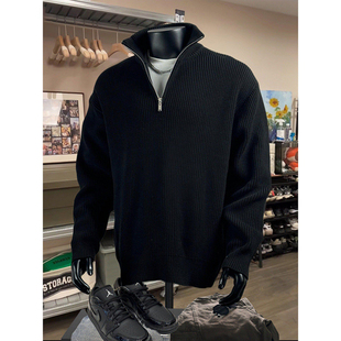 重磅内搭卫衣 美式 黑色半拉链高领毛衣男秋冬季 慵懒高级感针织线衫