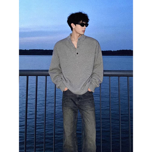 灰色美式亨利领毛衣男款秋冬慵懒风加厚针织衫cleanfit内搭打底衫