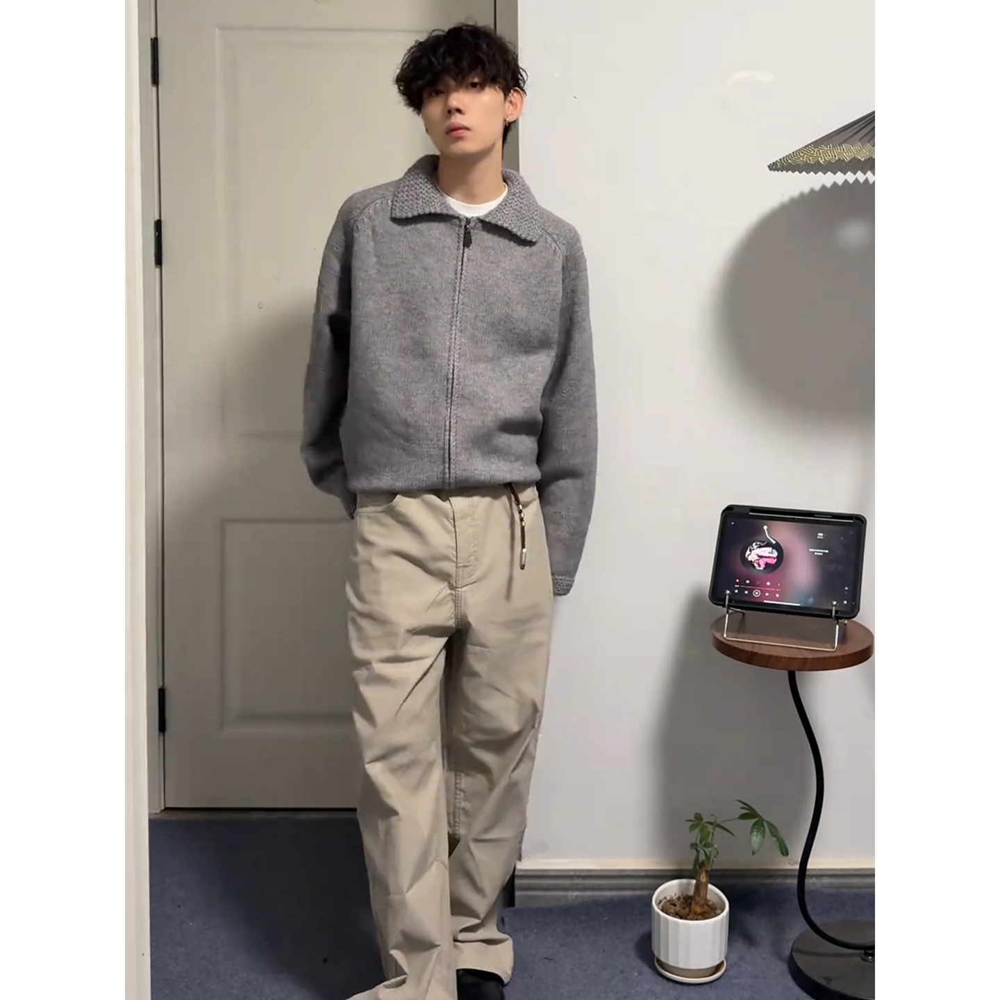美式复古灰色开衫毛衣男女款秋季