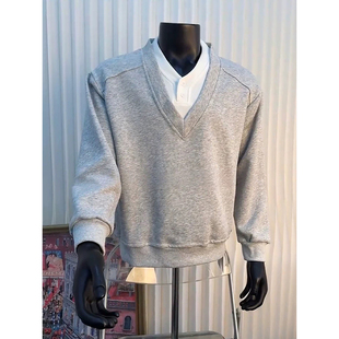 T恤老钱风正肩卫衣 秋冬设计感boxy长袖 miu系穿搭双v领打底衫 男款
