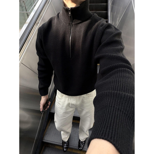 美式硬汉半拉链高领毛衣男款秋冬黑色修身针织衫纯色坑条线衣外套